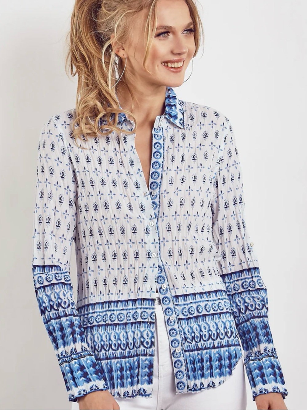 Cino Shibori Border Blue White Cotton Coastal Resort Button Front Shirt